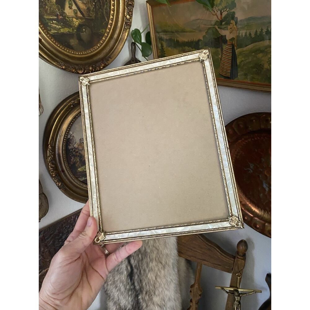 Vintage Midcentury Faux Mother of Pearl Frame 8x10 Ornate Gold Tone Metal
